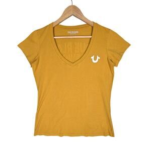 TRUE RELIGION 2002 FASHION BUDDHA GUITAR LOGO MUSTARD GRAPHIC WOMEN'S SIZE M TEE